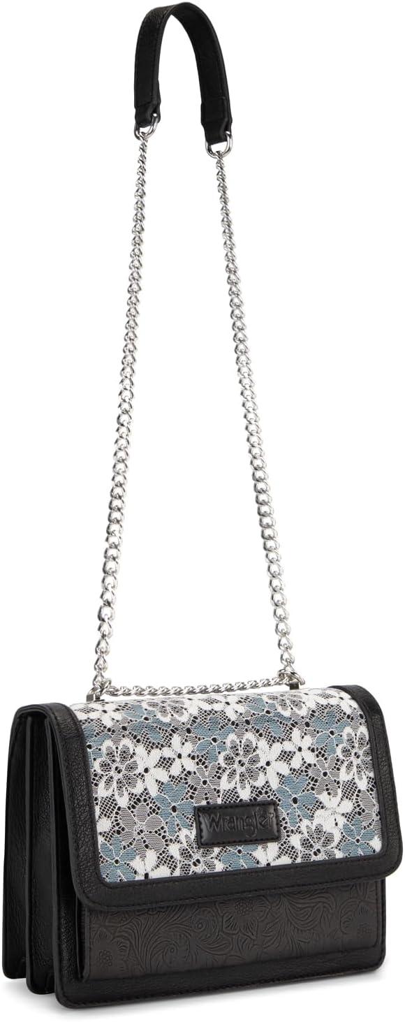 imageWrangler Flap Shoulder Bag for Women Vintage Floral Tooled Crossbody Purse with Chain StrapJet Black