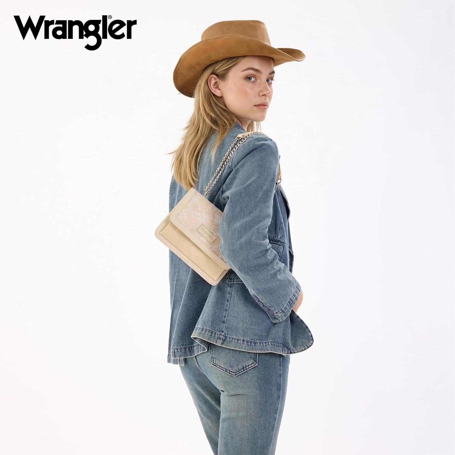 imageWrangler Flap Shoulder Bag for Women Vintage Floral Tooled Crossbody Purse with Chain StrapTan