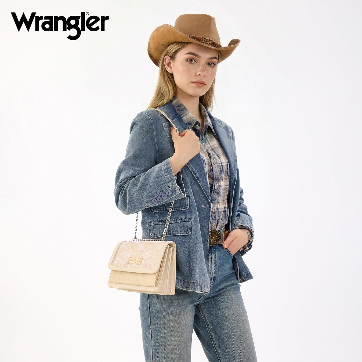 imageWrangler Flap Shoulder Bag for Women Vintage Floral Tooled Crossbody Purse with Chain StrapTan