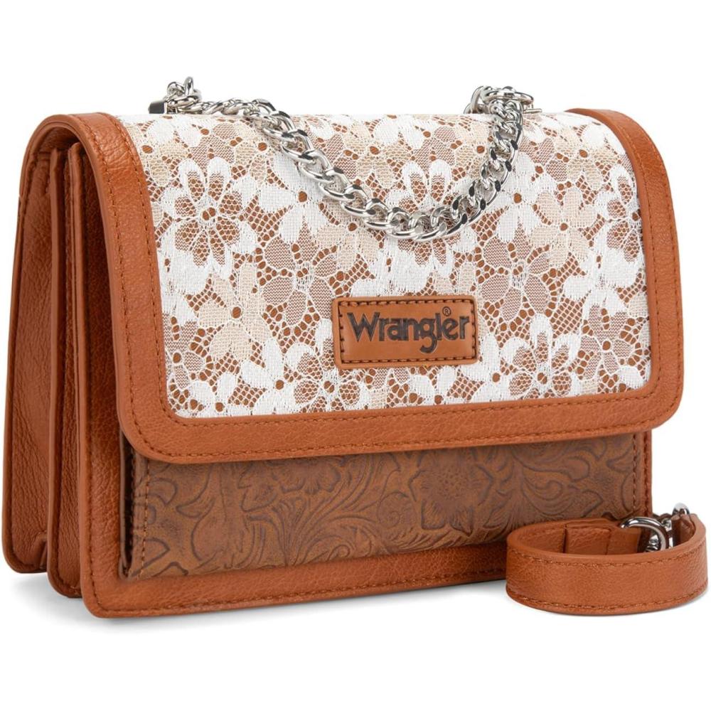 imageWrangler Flap Shoulder Bag for Women Vintage Floral Tooled Crossbody Purse with Chain StrapBrown