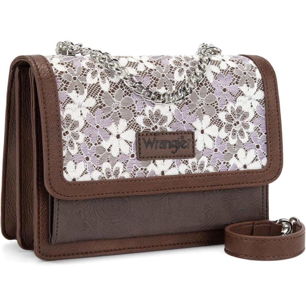 imageWrangler Flap Shoulder Bag for Women Vintage Floral Tooled Crossbody Purse with Chain StrapCoffee