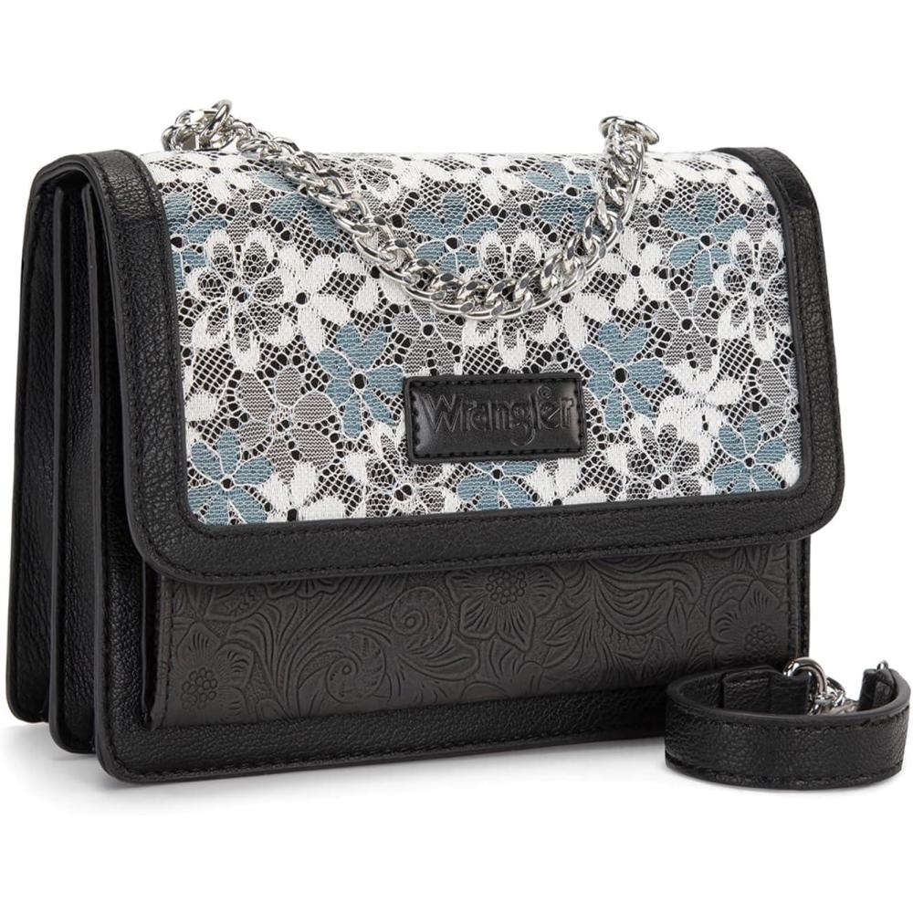 imageWrangler Flap Shoulder Bag for Women Vintage Floral Tooled Crossbody Purse with Chain StrapJet Black