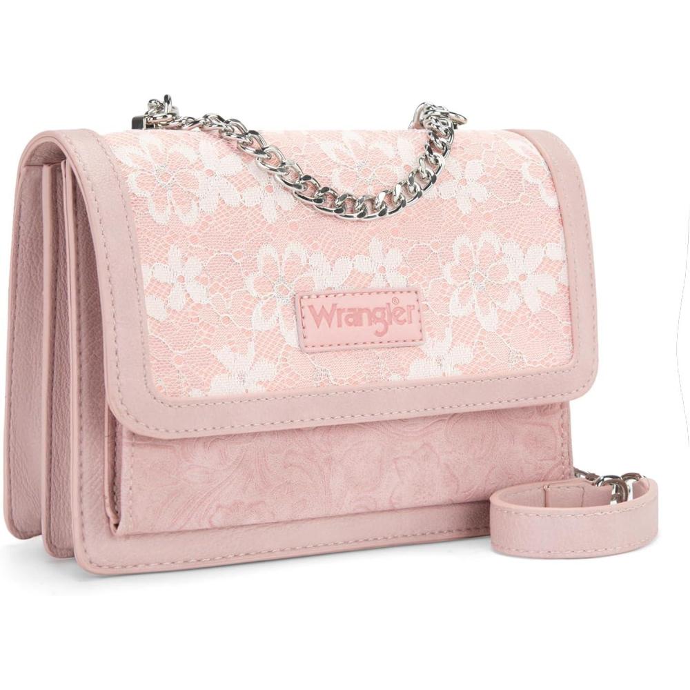 imageWrangler Flap Shoulder Bag for Women Vintage Floral Tooled Crossbody Purse with Chain StrapPink
