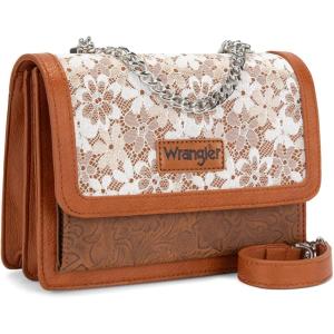 Wrangler Flap Shoulder Bag for Women Vintage Floral Tooled Crossbody Purse with Chain Strap(Brown)
