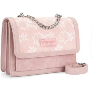 Wrangler Flap Shoulder Bag for Women Vintage Floral Tooled Crossbody Purse with Chain Strap(Pink)