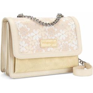 Wrangler Flap Shoulder Bag for Women Vintage Floral Tooled Crossbody Purse with Chain Strap(Tan)