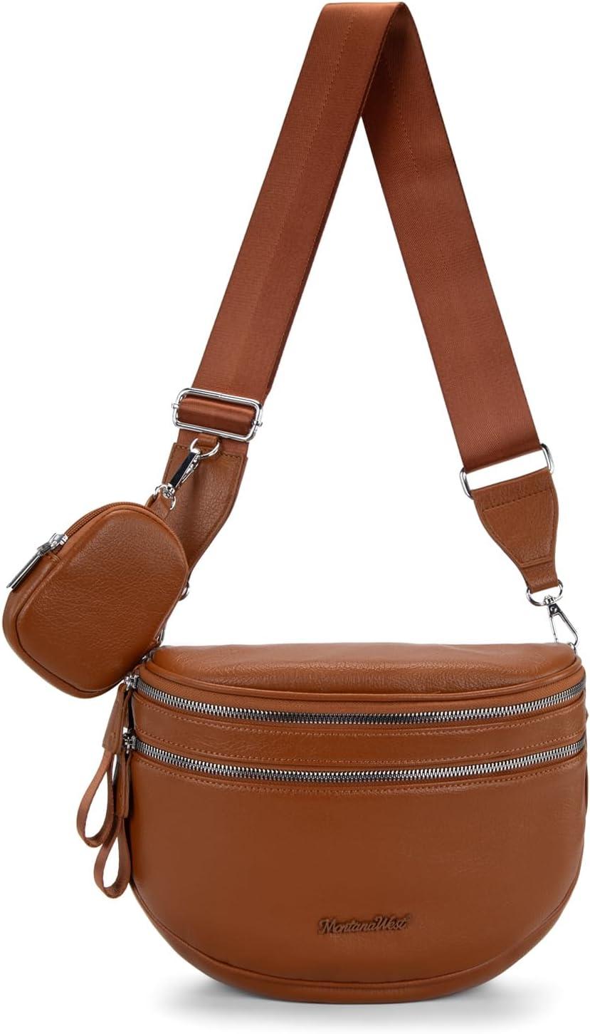 imageMontana West Crossbody Bags for Women Large Bum Bag Sling Belt Purse Fanny Packs with Adjustable Wide StrapCognac