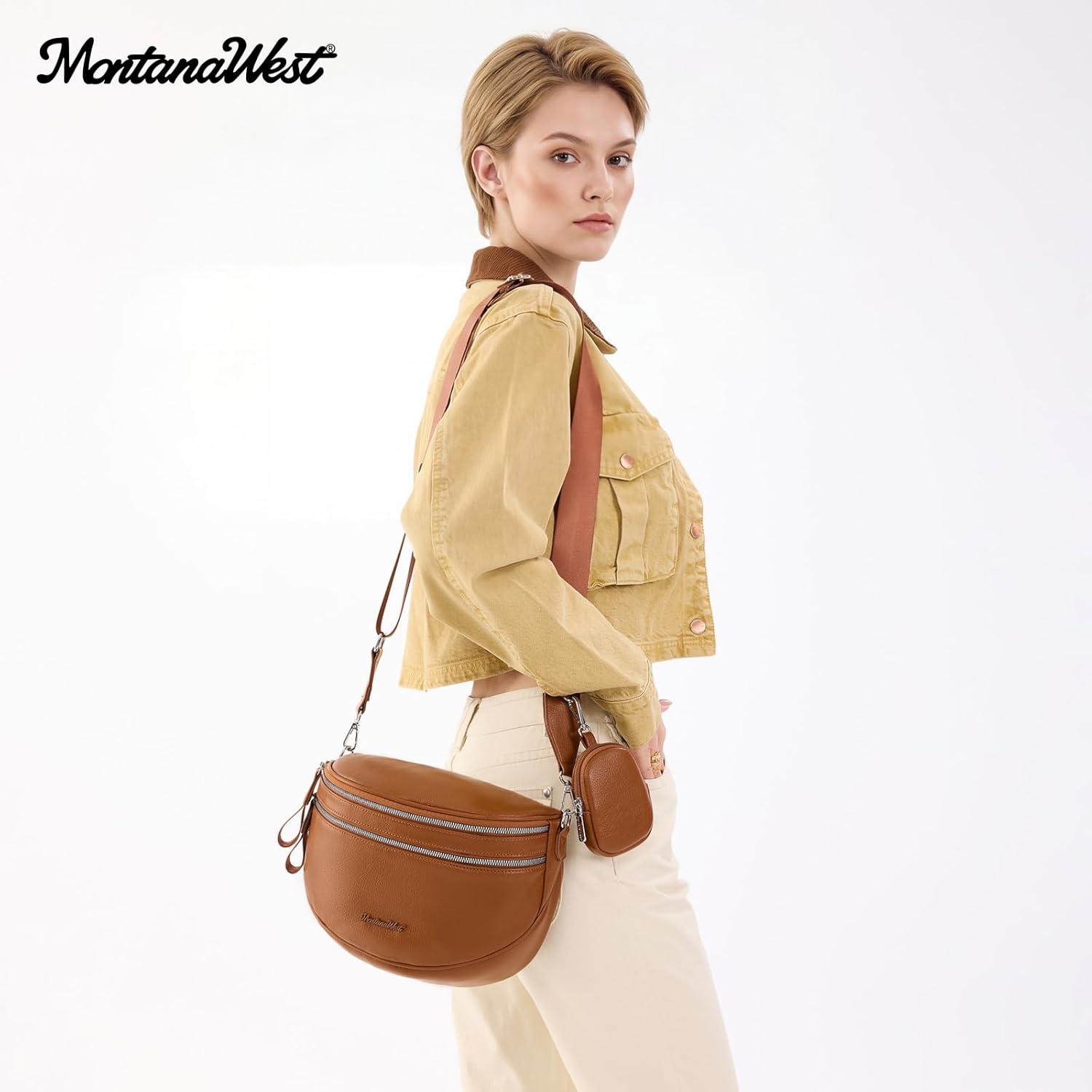 imageMontana West Crossbody Bags for Women Large Bum Bag Sling Belt Purse Fanny Packs with Adjustable Wide StrapCognac