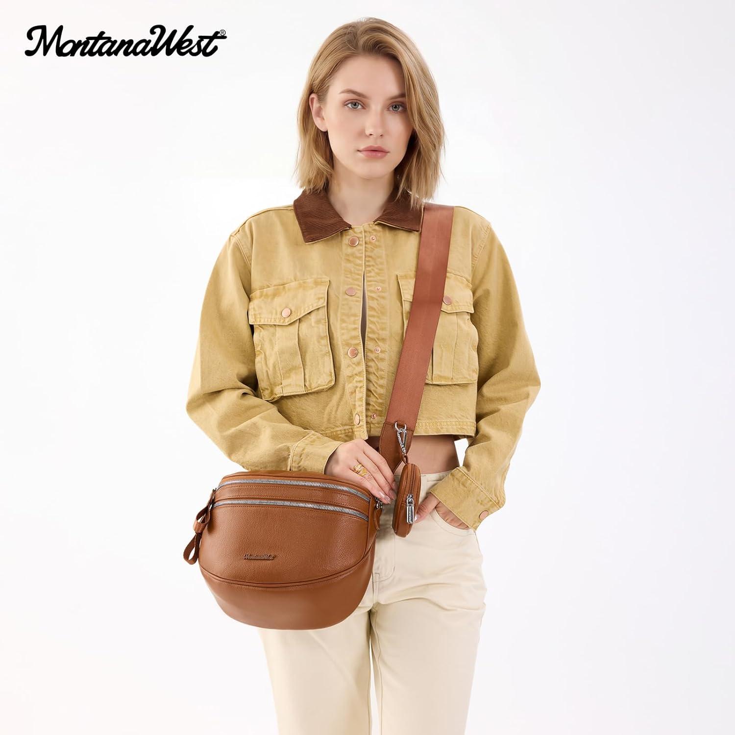 imageMontana West Crossbody Bags for Women Large Bum Bag Sling Belt Purse Fanny Packs with Adjustable Wide StrapCognac