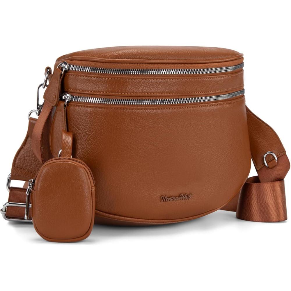 imageMontana West Crossbody Bags for Women Large Bum Bag Sling Belt Purse Fanny Packs with Adjustable Wide StrapCognac