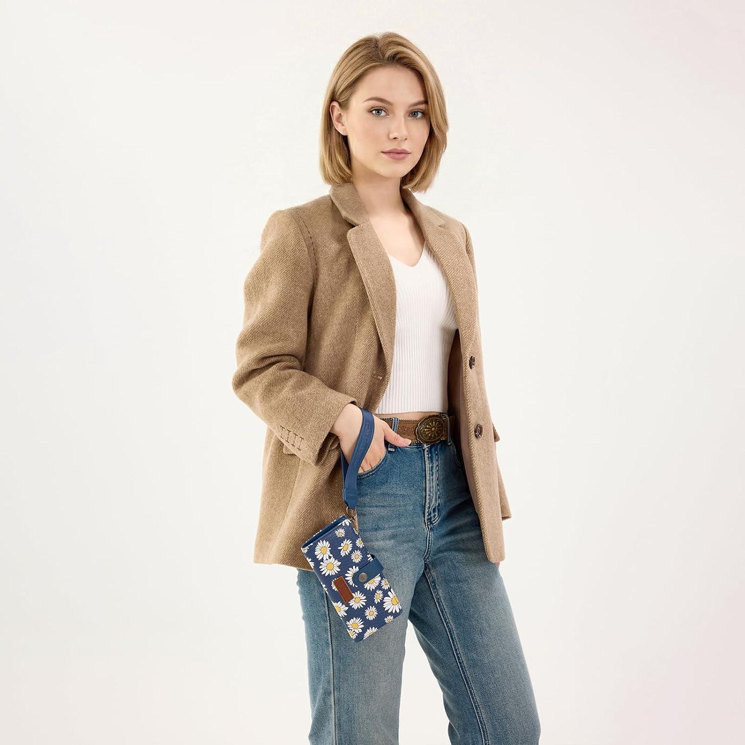 imageMontana West X Wrangler Wristlet Wallet Purple Daisy Floral Wallet Card Cases amp Money Organizers Large Capacity Bifold Wallets Ladies Female Travel Clutch Wallets with ID WindowDaisyNavy Blue