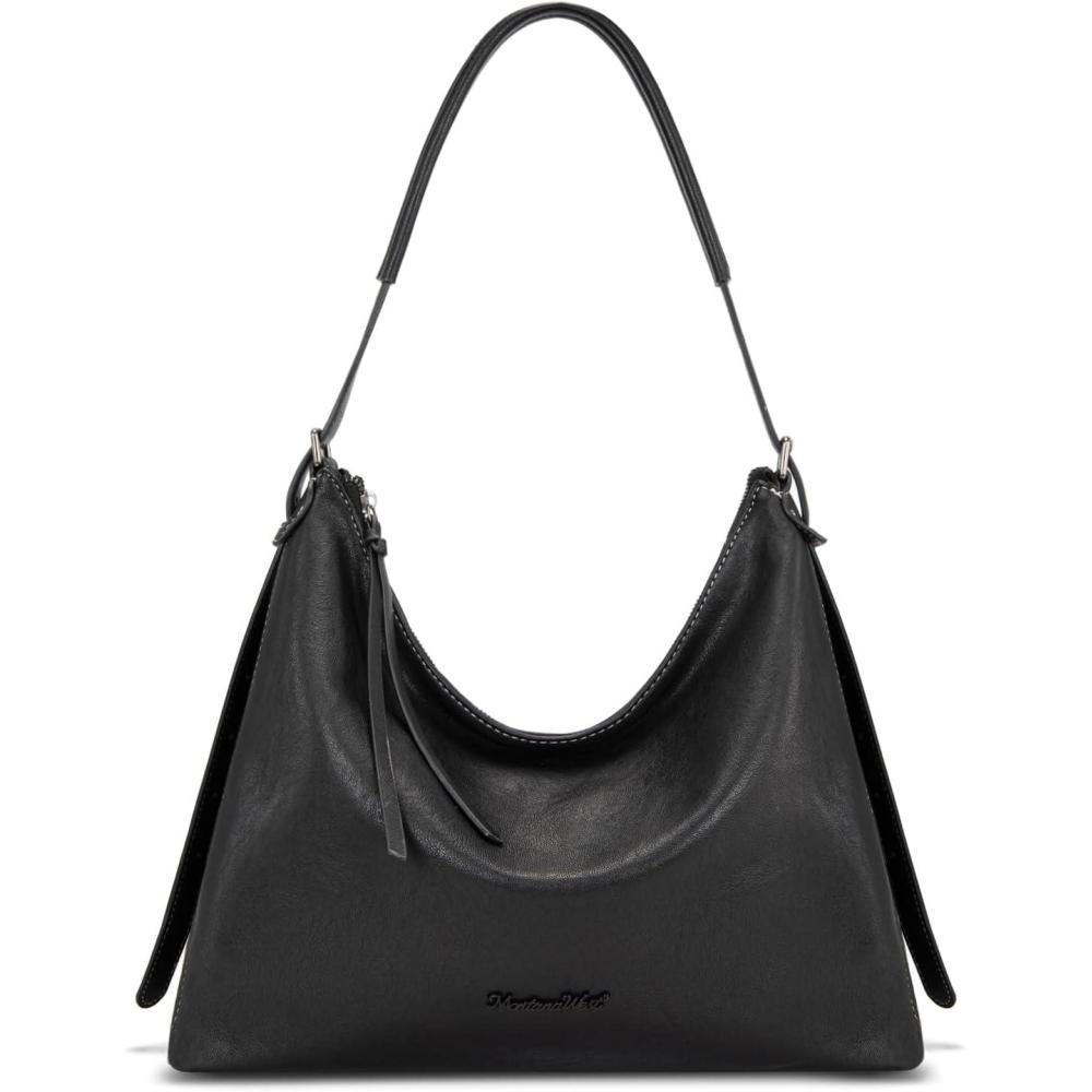 imageMontana West Hobo Bags for Women Slouchy Shoulder Handbags Ultra Soft Vegan Leather Ladies Crossbody Purse With ZipperBlack