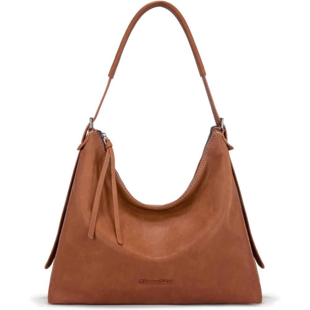 imageMontana West Hobo Bags for Women Slouchy Shoulder Handbags Ultra Soft Vegan Leather Ladies Crossbody Purse With ZipperBrown
