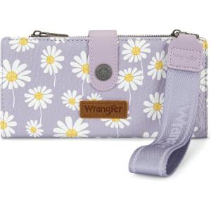 Montana West X Wrangler Wristlet Wallet Purple Daisy Floral Wallet, Card Cases & Money Organizers Large Capacity Bifold Wallets Ladies Female Travel Clutch Wallets with ID Window(Daisy-Purple)