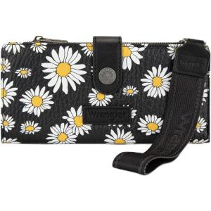 Montana West X Wrangler Wristlet Wallet Purple Daisy Floral Wallet, Card Cases & Money Organizers Large Capacity Bifold Wallets Ladies Female Travel Clutch Wallets with ID Window(Daisy-Black)