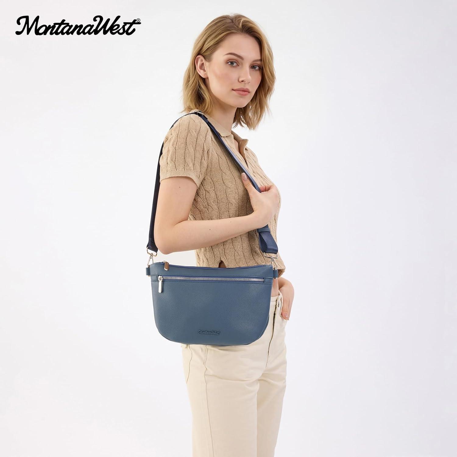 imageMontana West Crossbody Bag for Women with Dual Zipper Pockets Bum Bag Fanny Packs Sling Chest Purse with Wide Adjustable Strap Lightweight Everyday TravelBlue