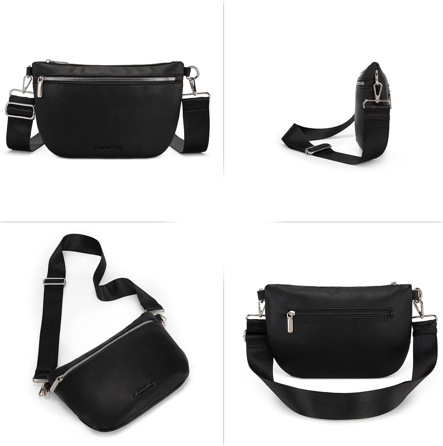 imageMontana West Crossbody Bag for Women with Dual Zipper Pockets Bum Bag Fanny Packs Sling Chest Purse with Wide Adjustable Strap Lightweight Everyday TravelBlack