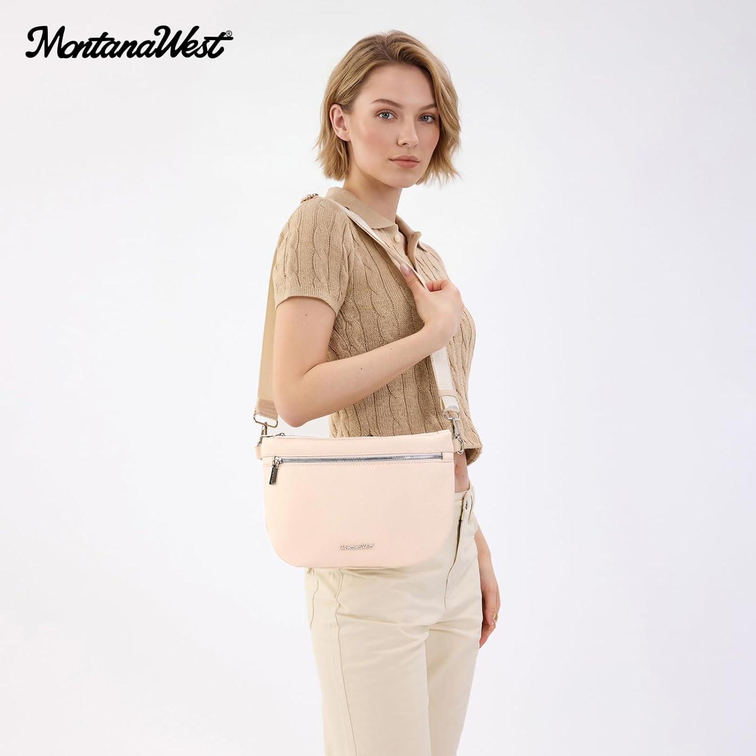 imageMontana West Crossbody Bag for Women with Dual Zipper Pockets Bum Bag Fanny Packs Sling Chest Purse with Wide Adjustable Strap Lightweight Everyday TravelBeige