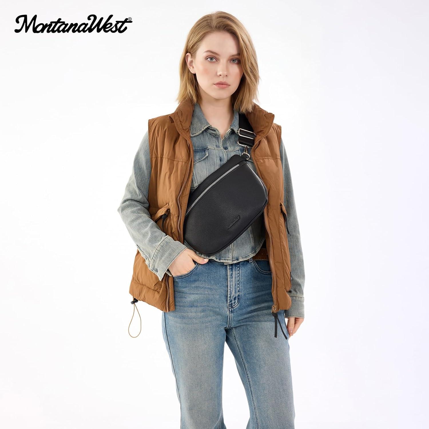 imageMontana West Crossbody Bag for Women with Dual Zipper Pockets Bum Bag Fanny Packs Sling Chest Purse with Wide Adjustable Strap Lightweight Everyday TravelBlack