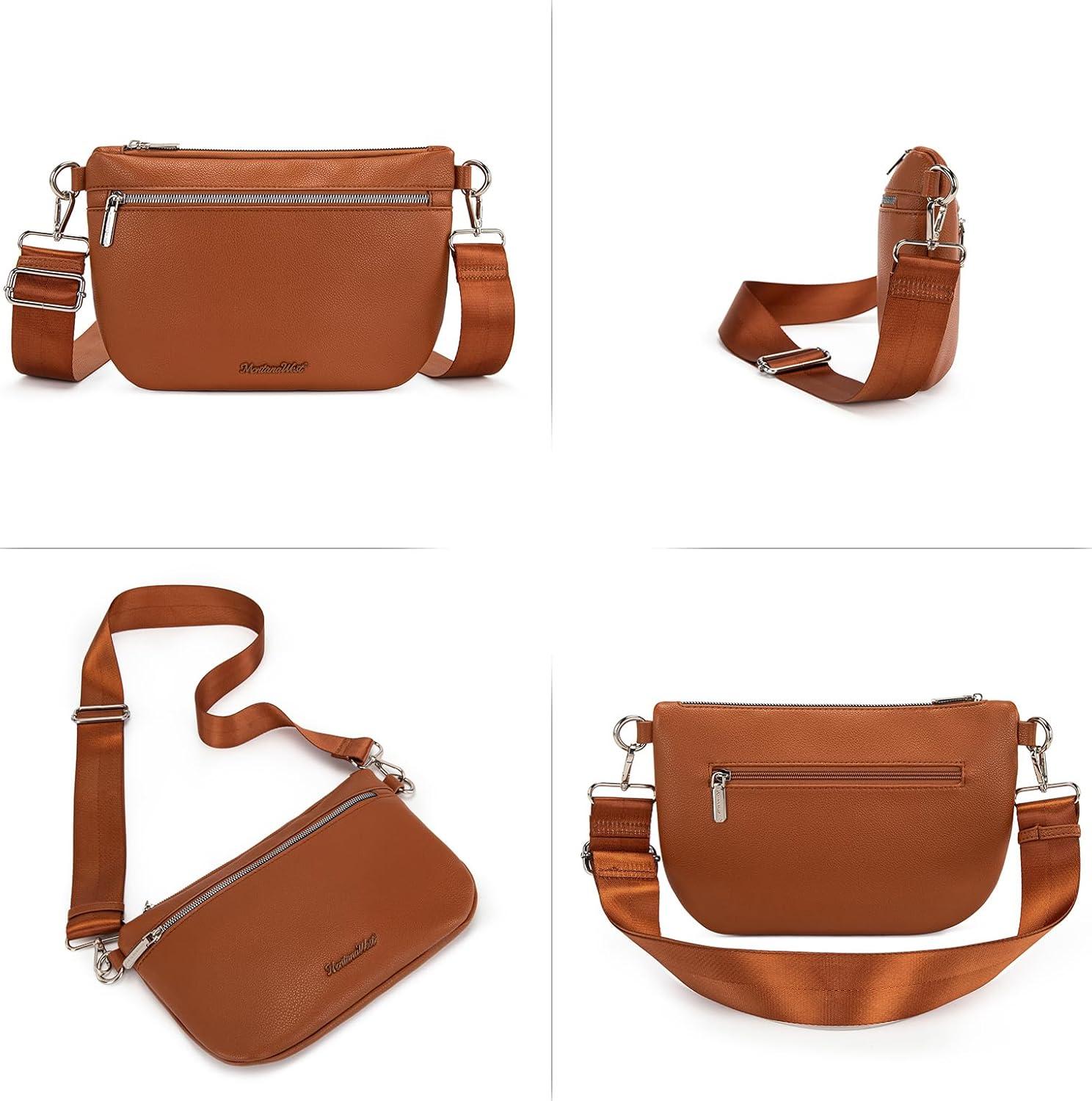 imageMontana West Crossbody Bag for Women with Dual Zipper Pockets Bum Bag Fanny Packs Sling Chest Purse with Wide Adjustable Strap Lightweight Everyday TravelCognac