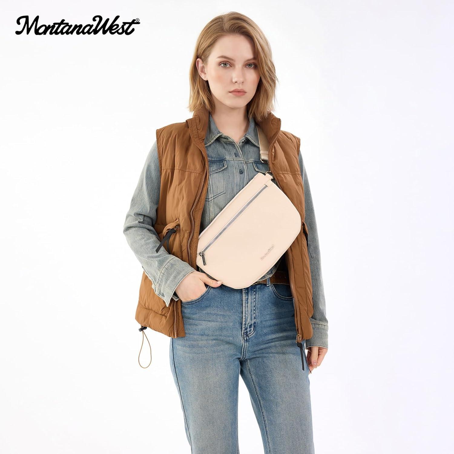 imageMontana West Crossbody Bag for Women with Dual Zipper Pockets Bum Bag Fanny Packs Sling Chest Purse with Wide Adjustable Strap Lightweight Everyday TravelBeige