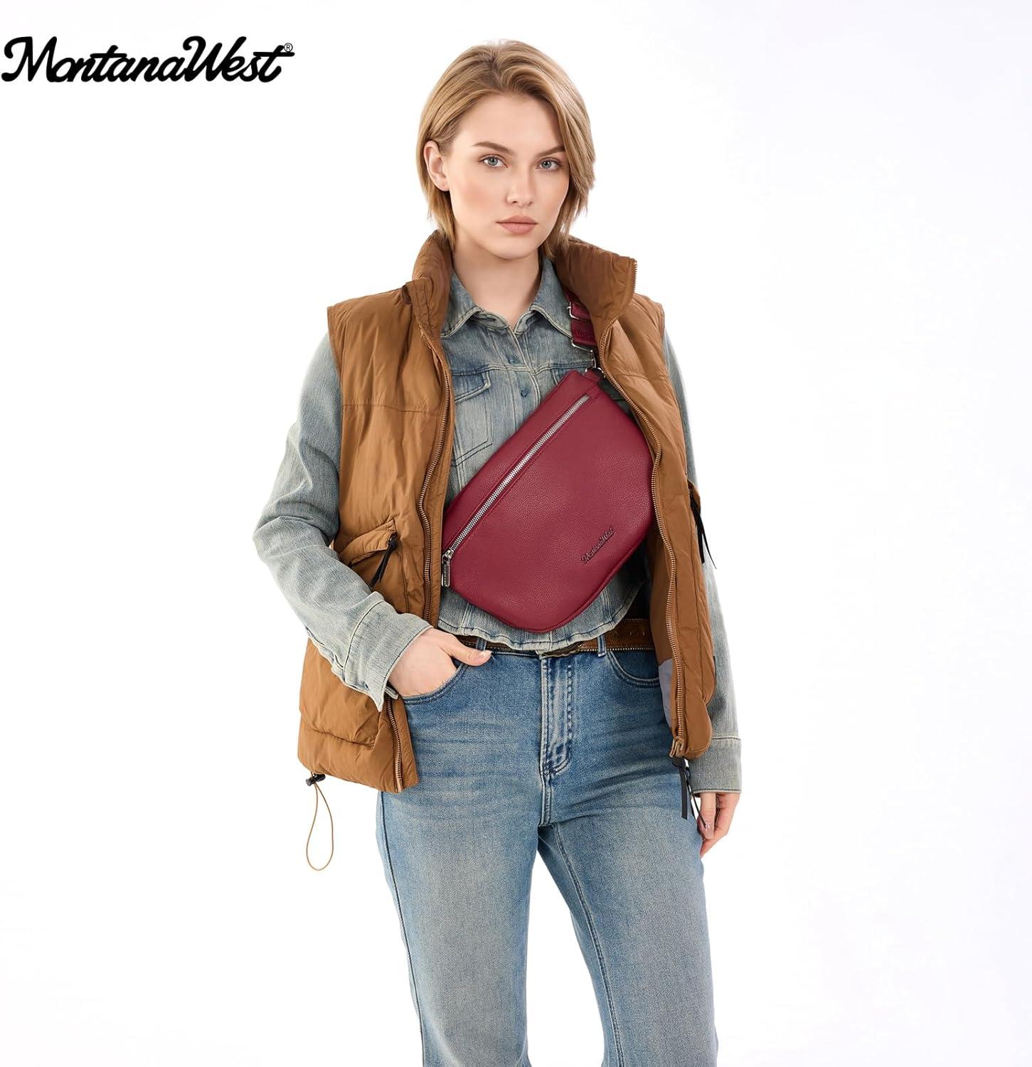 imageMontana West Crossbody Bag for Women with Dual Zipper Pockets Bum Bag Fanny Packs Sling Chest Purse with Wide Adjustable Strap Lightweight Everyday TravelBurgundy
