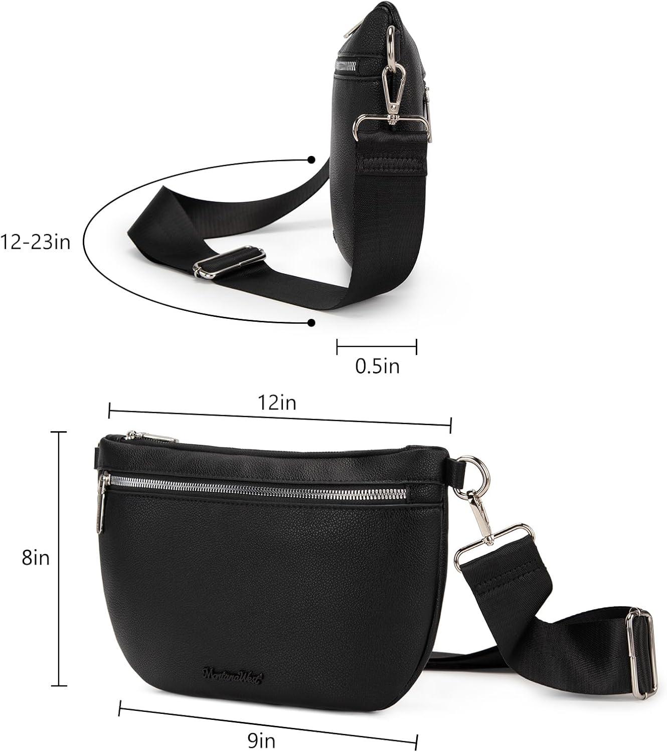 imageMontana West Crossbody Bag for Women with Dual Zipper Pockets Bum Bag Fanny Packs Sling Chest Purse with Wide Adjustable Strap Lightweight Everyday TravelBlack