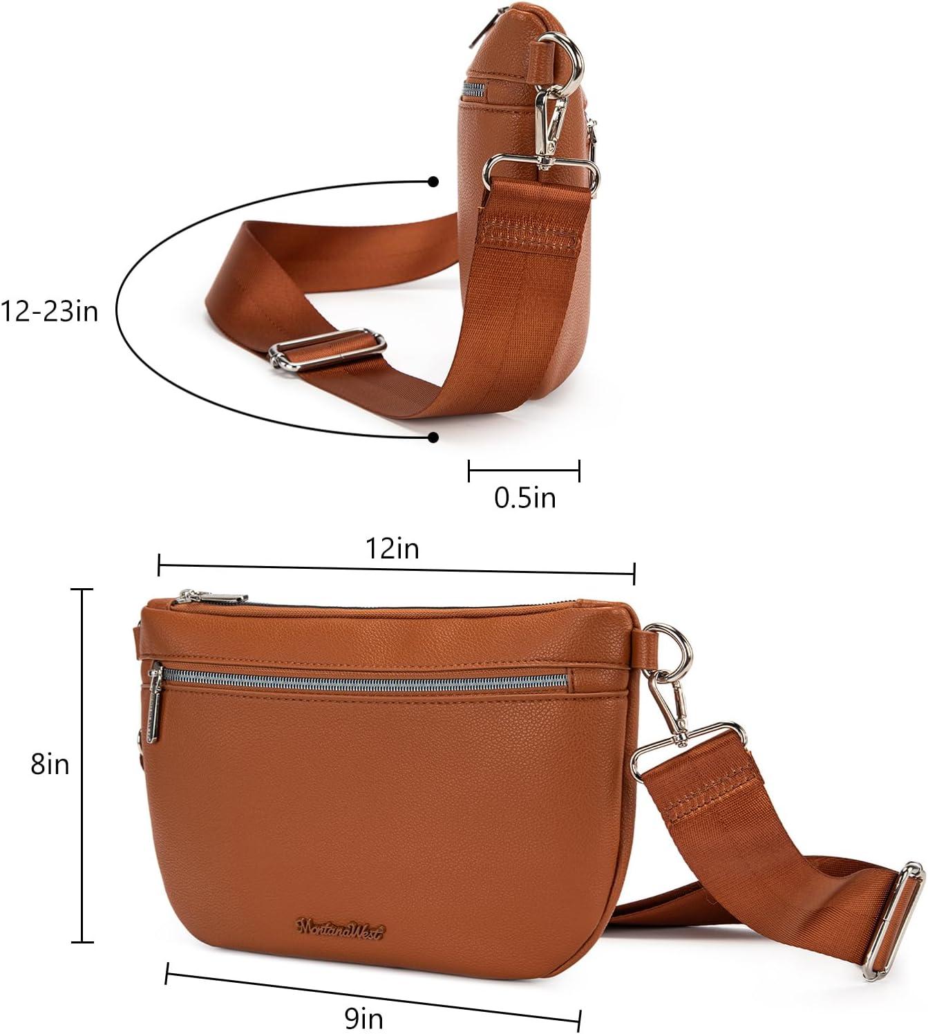 imageMontana West Crossbody Bag for Women with Dual Zipper Pockets Bum Bag Fanny Packs Sling Chest Purse with Wide Adjustable Strap Lightweight Everyday TravelCognac