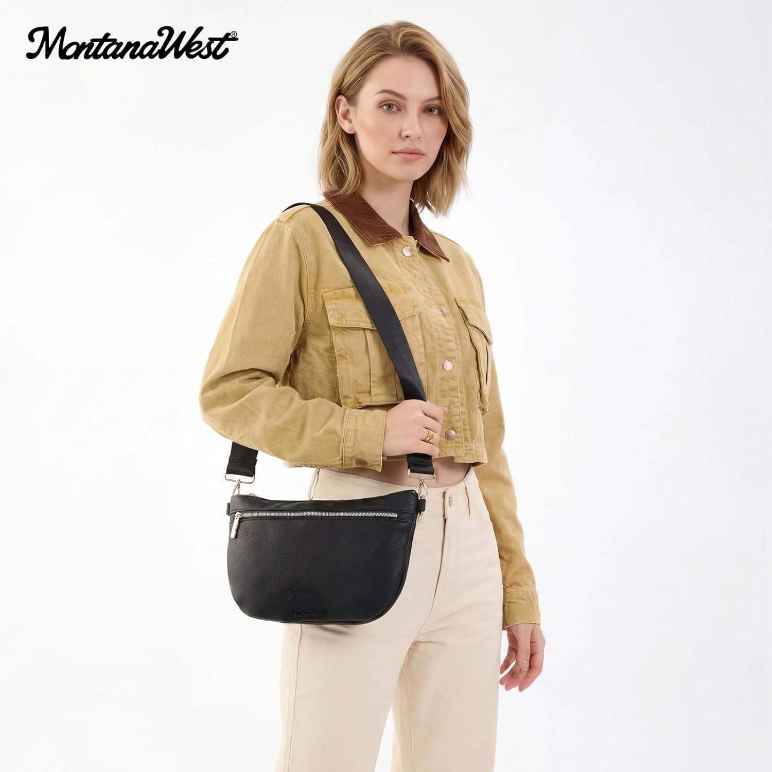 imageMontana West Crossbody Bag for Women with Dual Zipper Pockets Bum Bag Fanny Packs Sling Chest Purse with Wide Adjustable Strap Lightweight Everyday TravelBlack