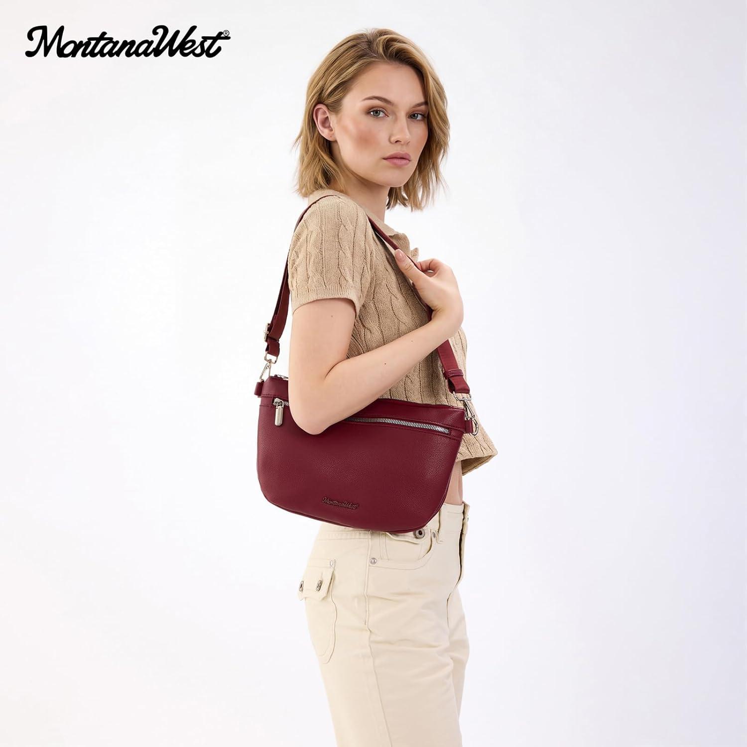 imageMontana West Crossbody Bag for Women with Dual Zipper Pockets Bum Bag Fanny Packs Sling Chest Purse with Wide Adjustable Strap Lightweight Everyday TravelBurgundy