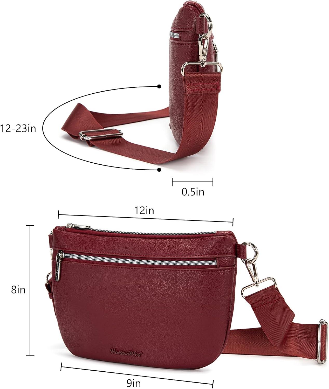 imageMontana West Crossbody Bag for Women with Dual Zipper Pockets Bum Bag Fanny Packs Sling Chest Purse with Wide Adjustable Strap Lightweight Everyday TravelBurgundy