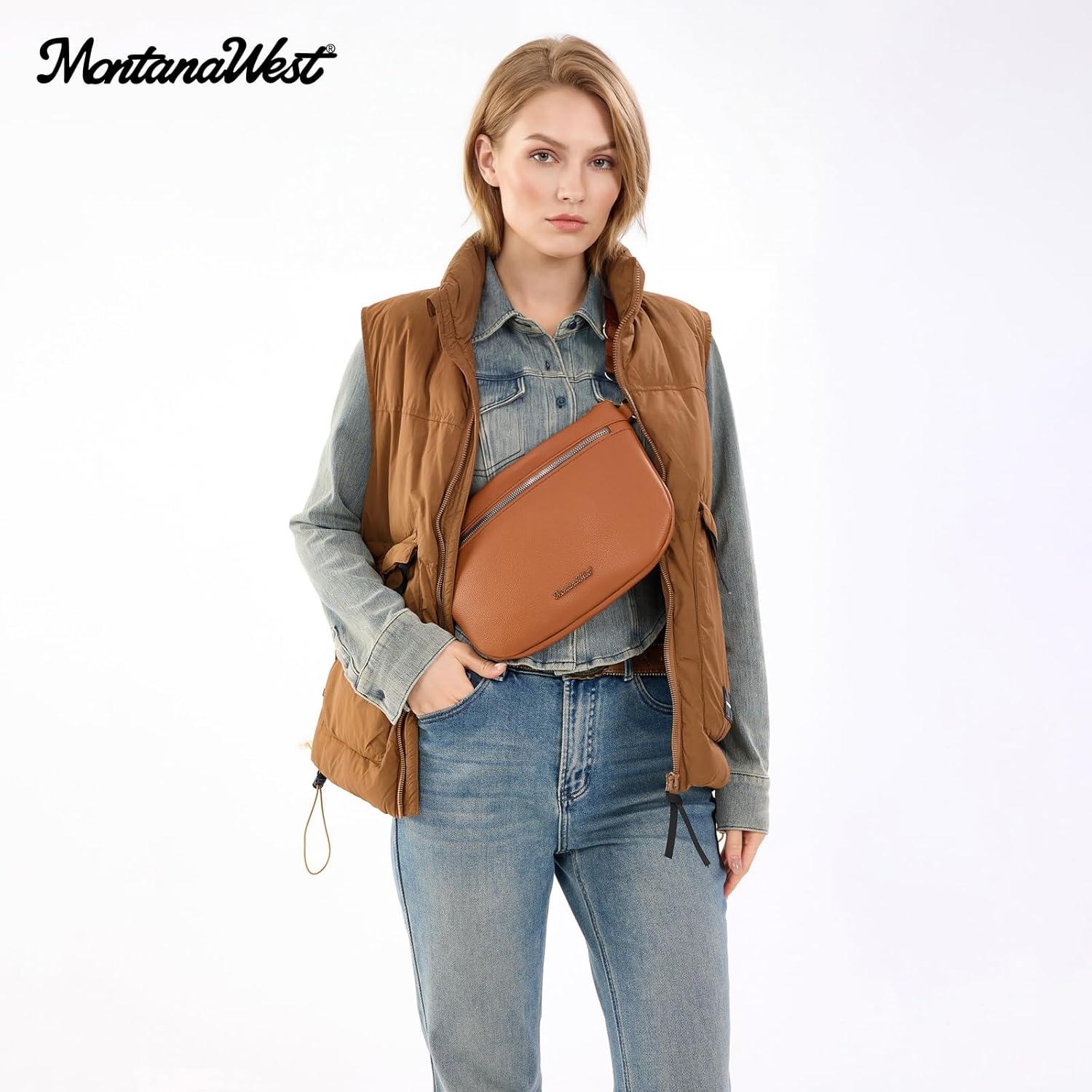 imageMontana West Crossbody Bag for Women with Dual Zipper Pockets Bum Bag Fanny Packs Sling Chest Purse with Wide Adjustable Strap Lightweight Everyday TravelCognac