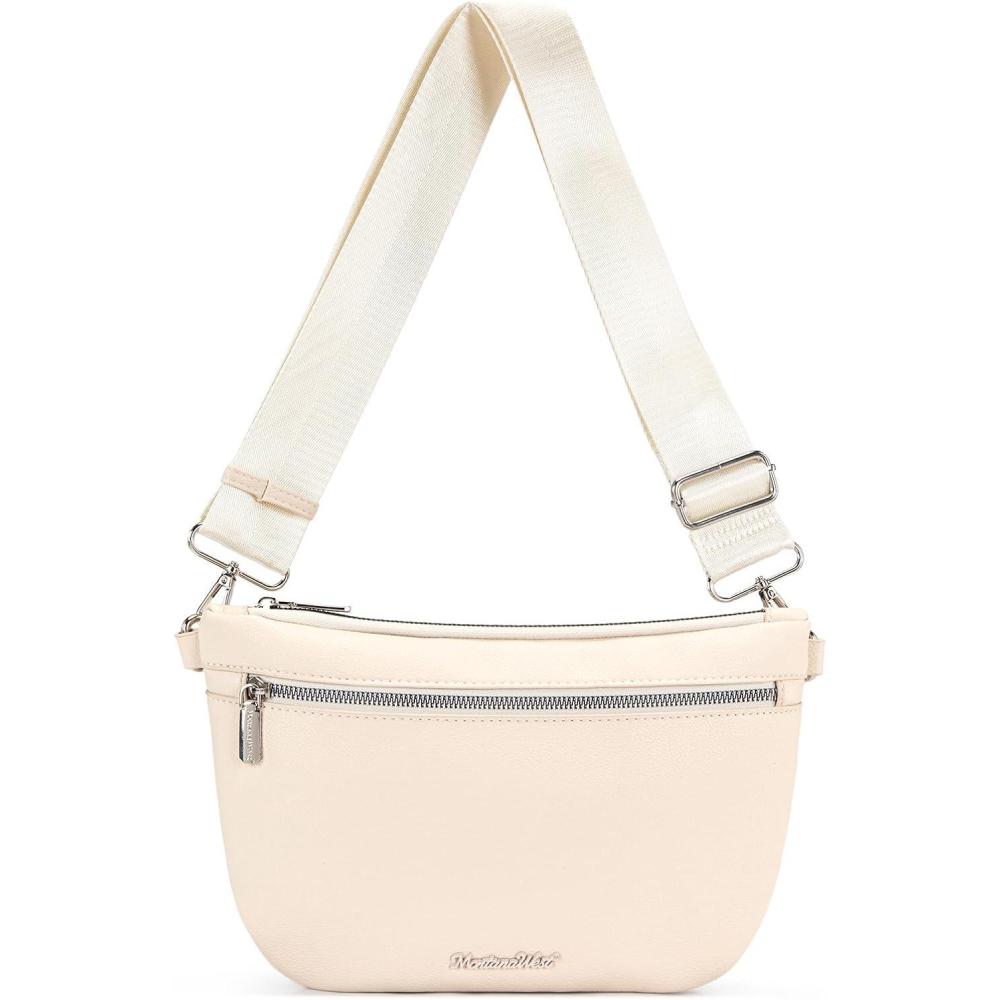 imageMontana West Crossbody Bag for Women with Dual Zipper Pockets Bum Bag Fanny Packs Sling Chest Purse with Wide Adjustable Strap Lightweight Everyday TravelBeige