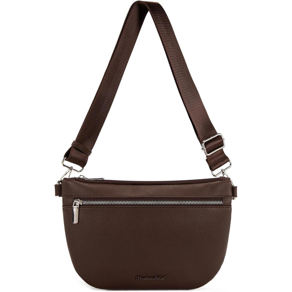 imageMontana West Crossbody Bag for Women with Dual Zipper Pockets Bum Bag Fanny Packs Sling Chest Purse with Wide Adjustable Strap Lightweight Everyday TravelChocolate