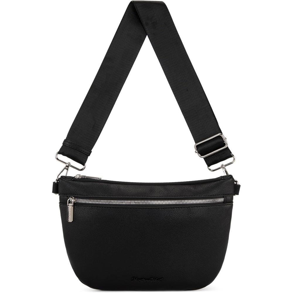 imageMontana West Crossbody Bag for Women with Dual Zipper Pockets Bum Bag Fanny Packs Sling Chest Purse with Wide Adjustable Strap Lightweight Everyday TravelBlack