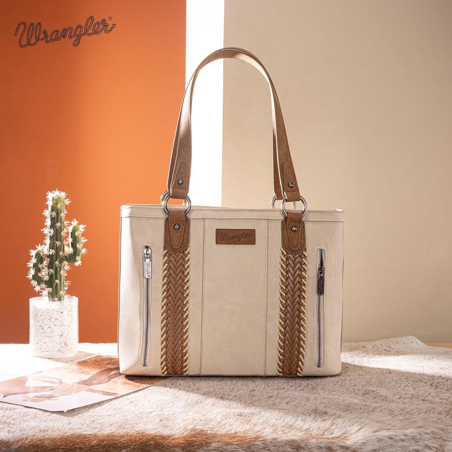 imageWrangler Distressed Tote Bag for Women Western Braided Purse Multi Pockets Handbags and Shoulder BagRterobeige