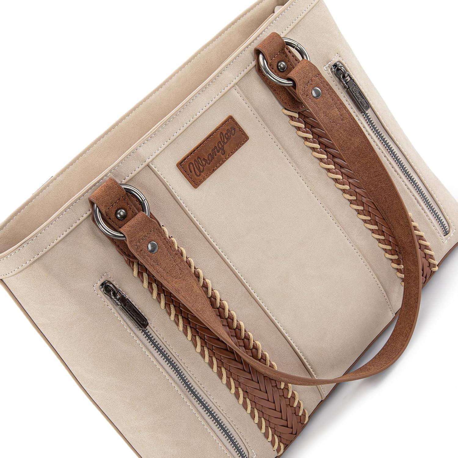 imageWrangler Distressed Tote Bag for Women Western Braided Purse Multi Pockets Handbags and Shoulder BagRterobeige