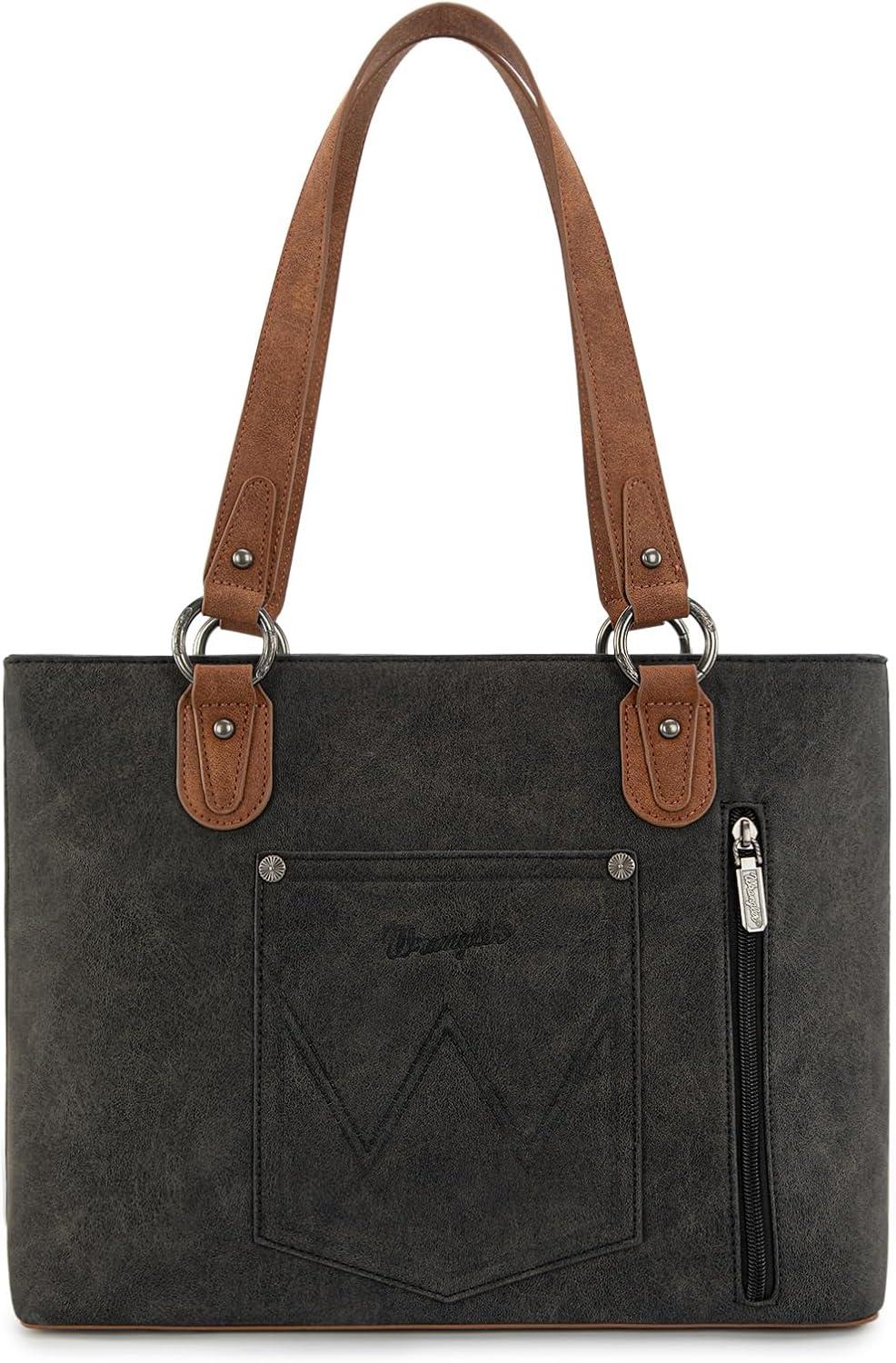 imageWrangler Distressed Tote Bag for Women Western Braided Purse Multi Pockets Handbags and Shoulder BagRteroblack