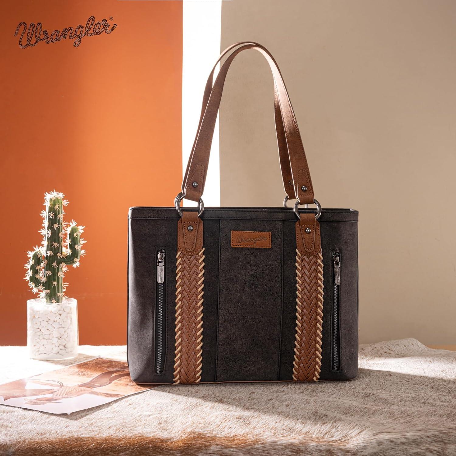 imageWrangler Distressed Tote Bag for Women Western Braided Purse Multi Pockets Handbags and Shoulder BagRteroblack