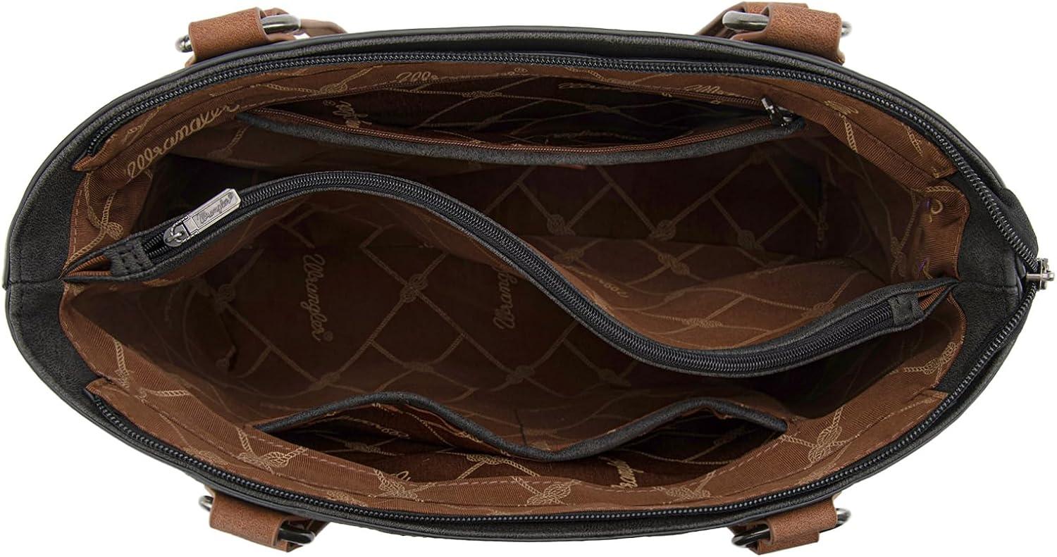 imageWrangler Distressed Tote Bag for Women Western Braided Purse Multi Pockets Handbags and Shoulder BagRteroblack