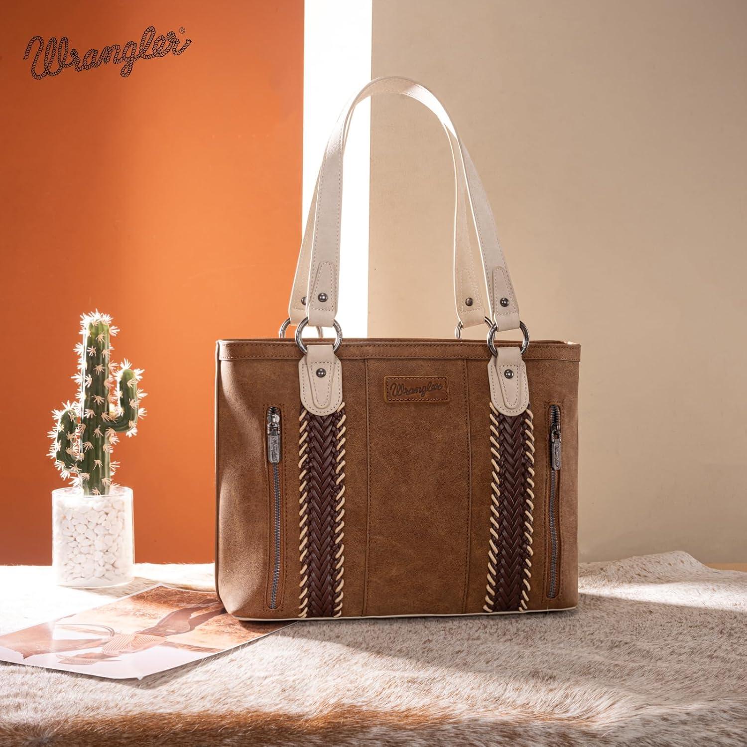 imageWrangler Distressed Tote Bag for Women Western Braided Purse Multi Pockets Handbags and Shoulder BagRterobrown
