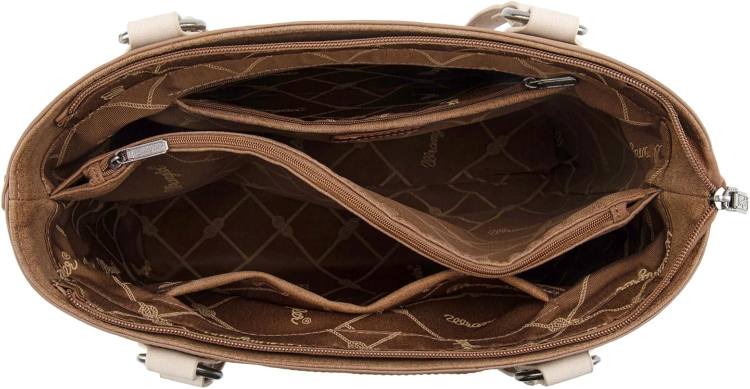 imageWrangler Distressed Tote Bag for Women Western Braided Purse Multi Pockets Handbags and Shoulder BagRterobrown