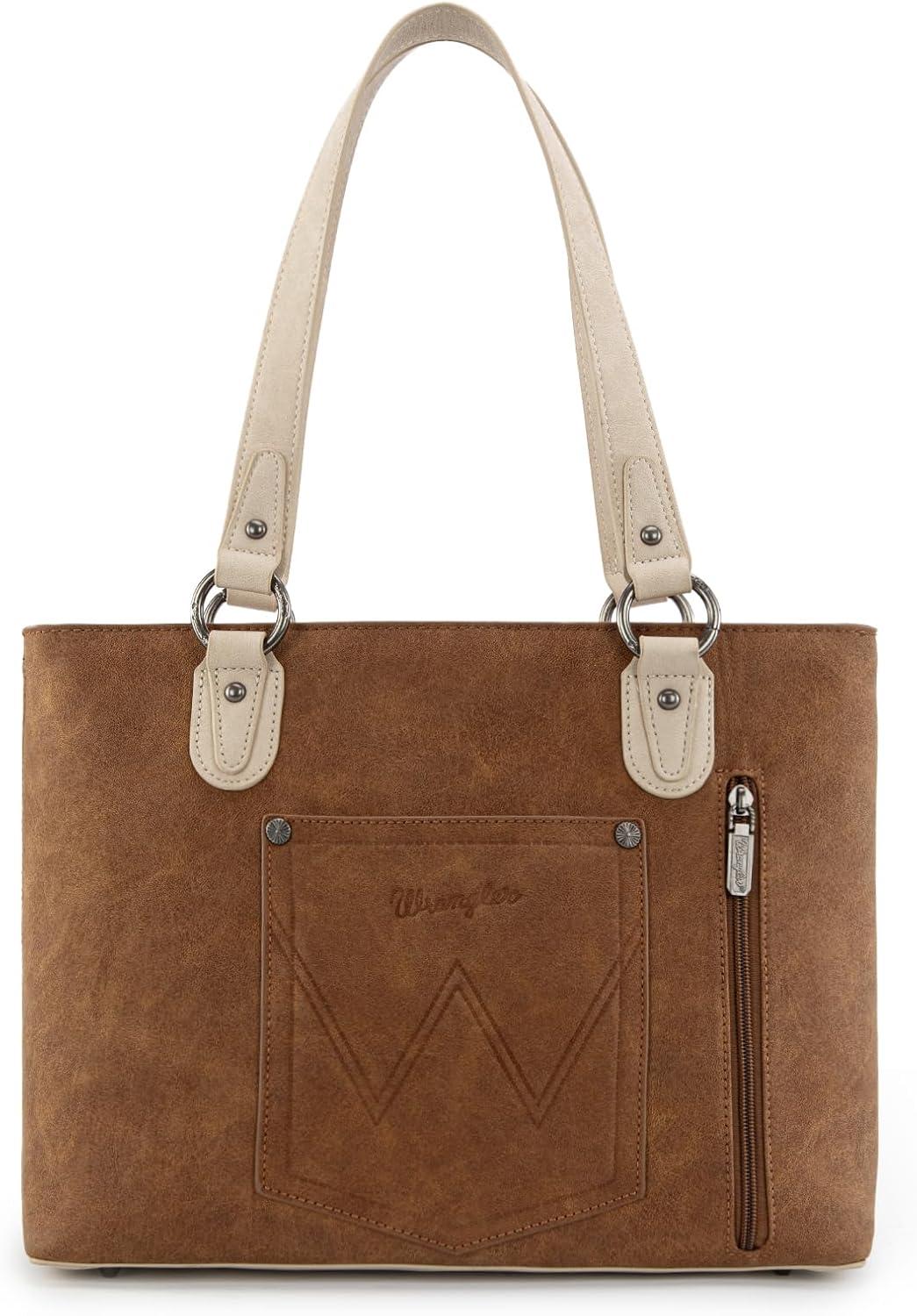 imageWrangler Distressed Tote Bag for Women Western Braided Purse Multi Pockets Handbags and Shoulder BagRterobrown