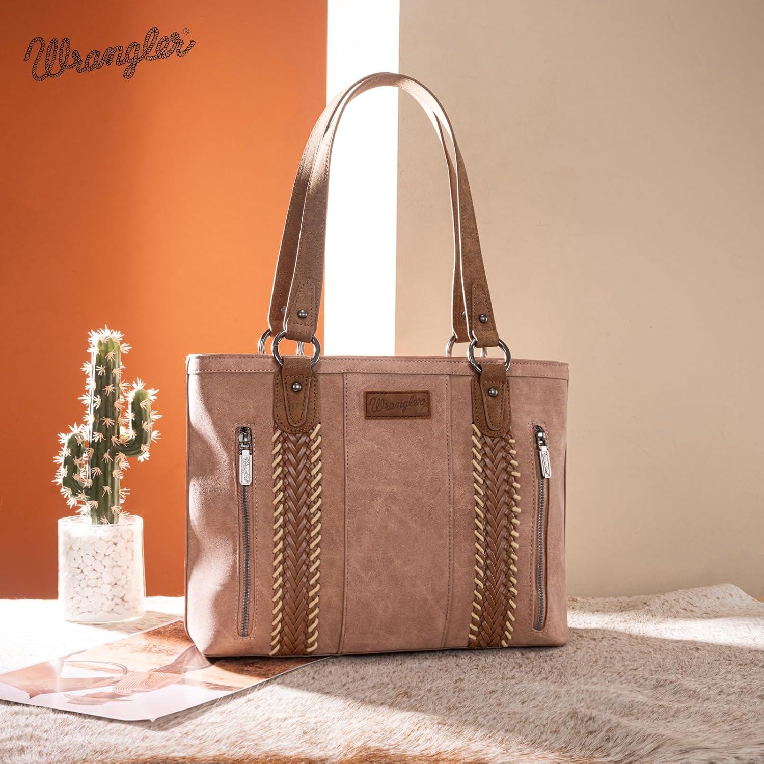imageWrangler Distressed Tote Bag for Women Western Braided Purse Multi Pockets Handbags and Shoulder BagRterodeep Pink