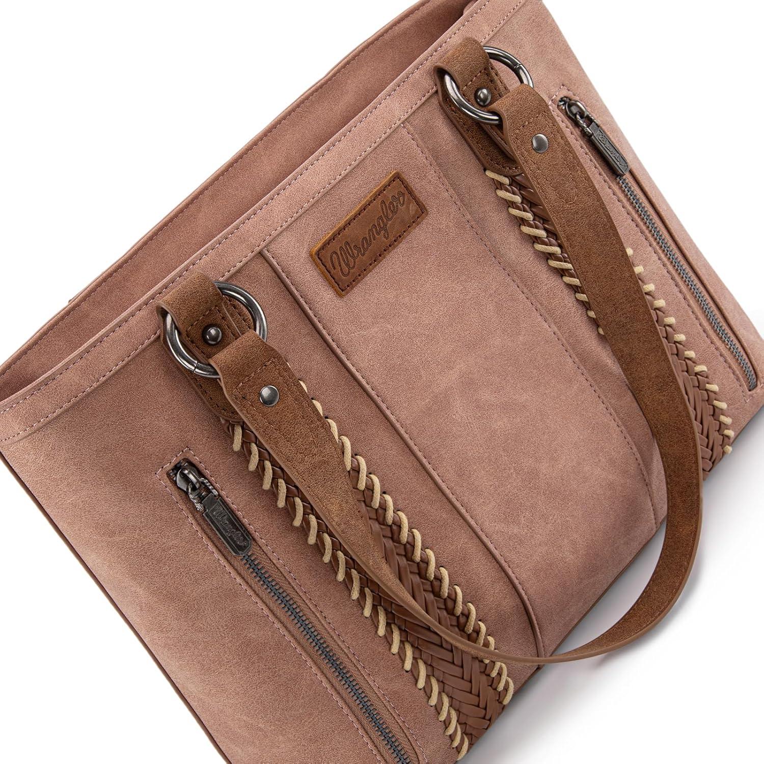 imageWrangler Distressed Tote Bag for Women Western Braided Purse Multi Pockets Handbags and Shoulder BagRterodeep Pink