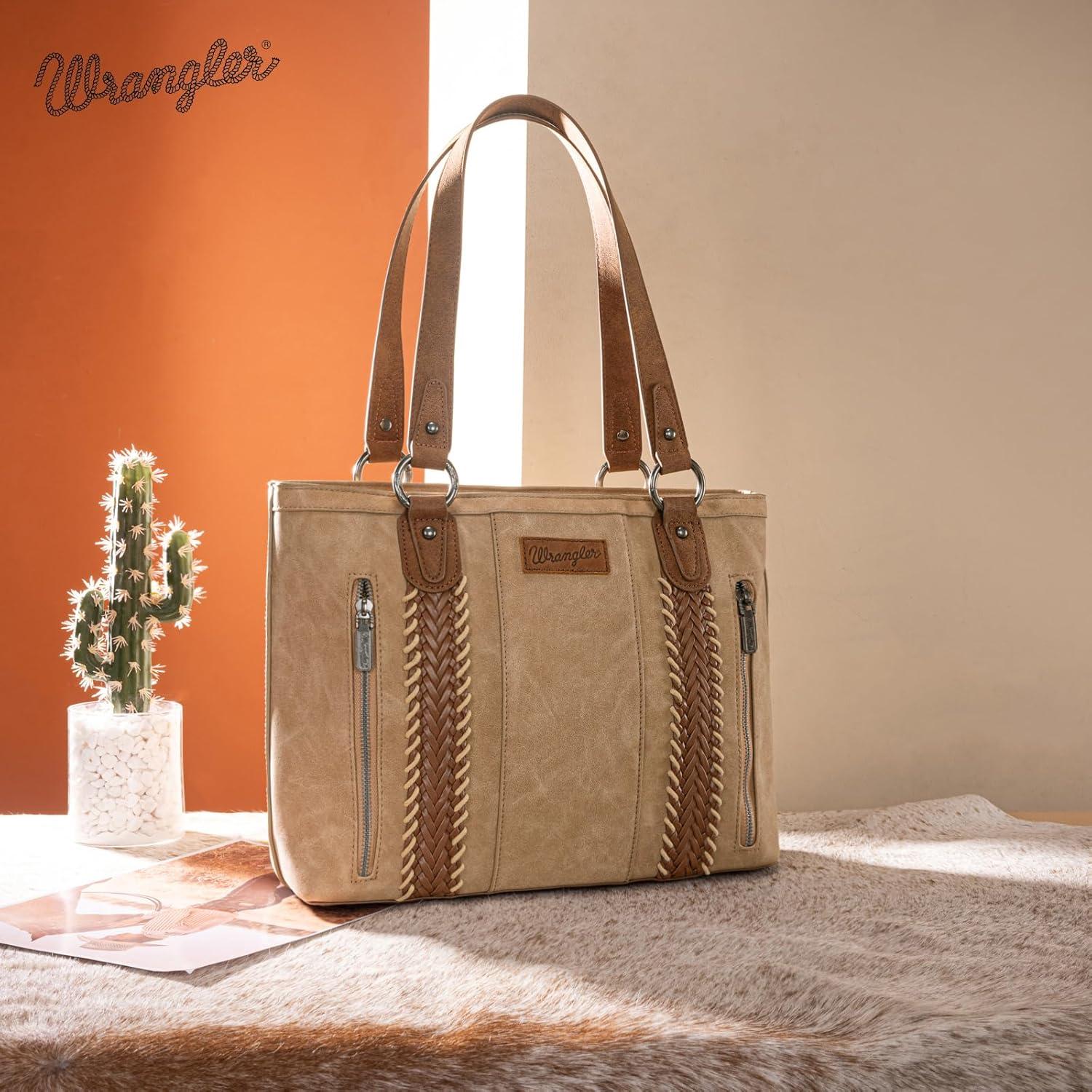 imageWrangler Distressed Tote Bag for Women Western Braided Purse Multi Pockets Handbags and Shoulder BagRterotan