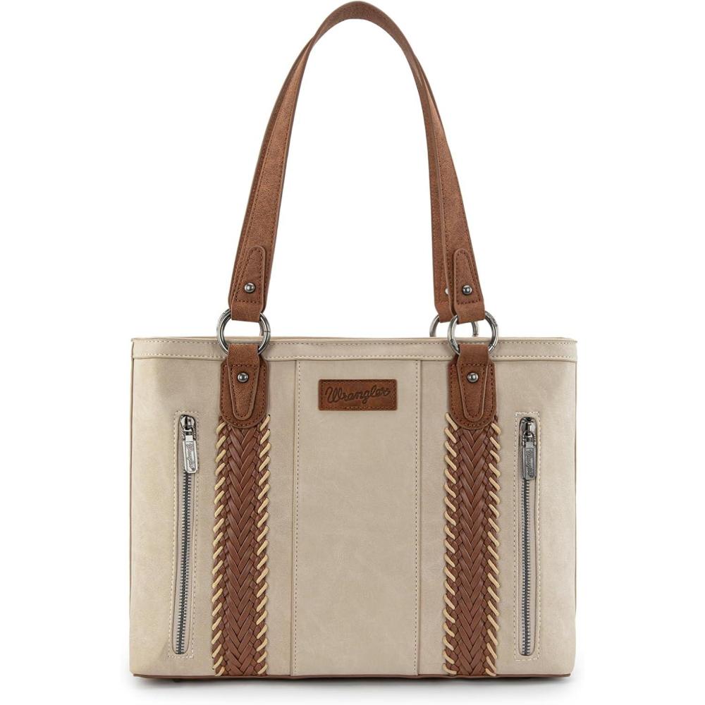 imageWrangler Distressed Tote Bag for Women Western Braided Purse Multi Pockets Handbags and Shoulder BagRterobeige