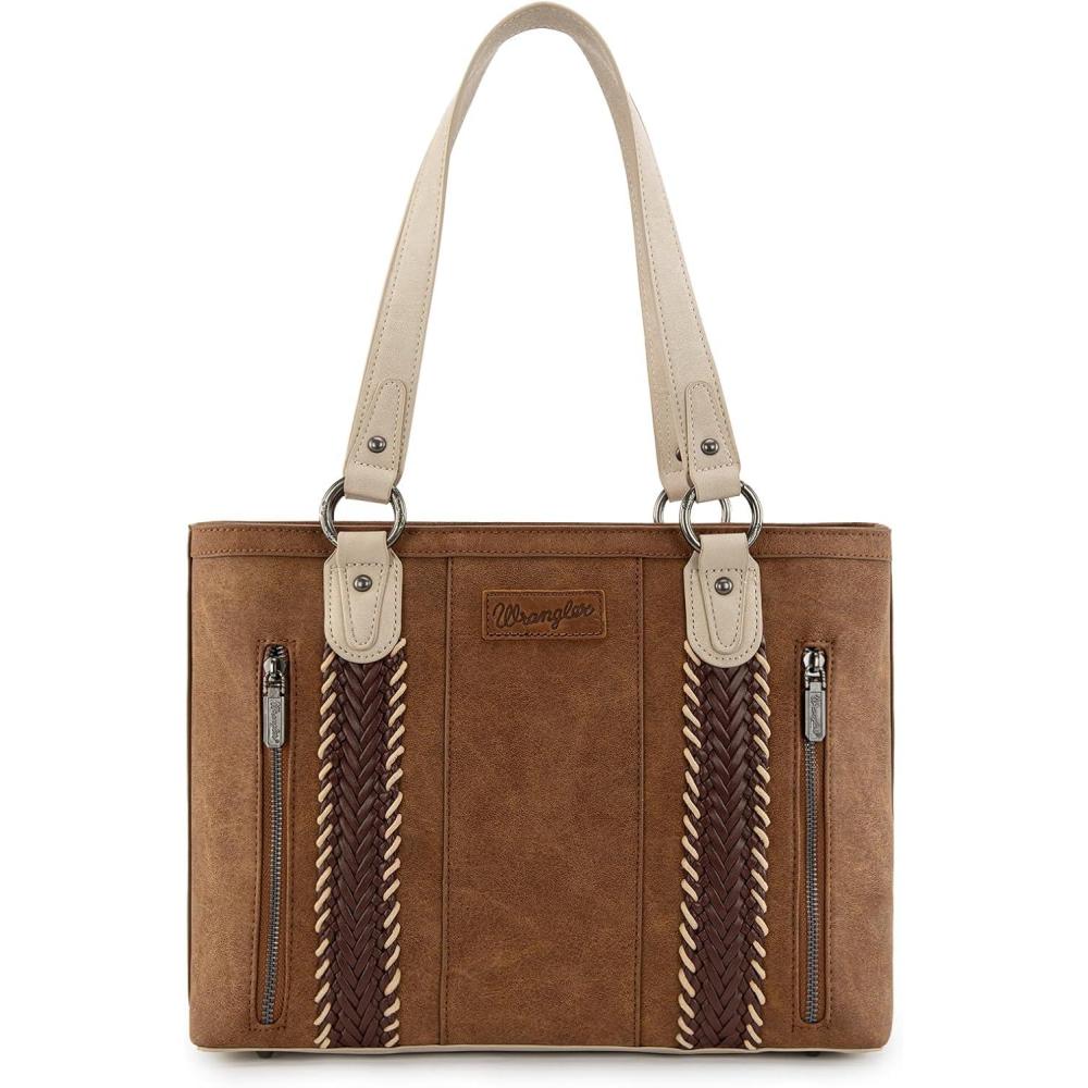 imageWrangler Distressed Tote Bag for Women Western Braided Purse Multi Pockets Handbags and Shoulder BagRterobrown
