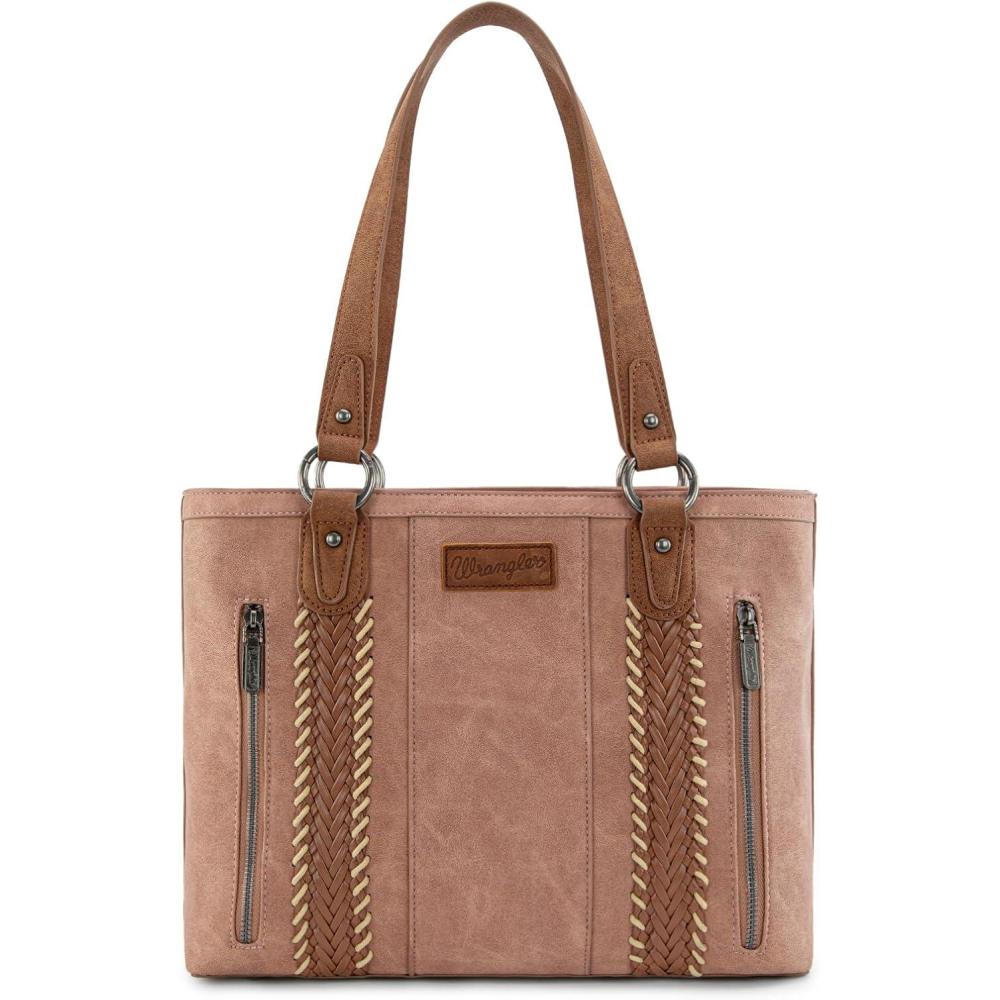 imageWrangler Distressed Tote Bag for Women Western Braided Purse Multi Pockets Handbags and Shoulder BagRterodeep Pink