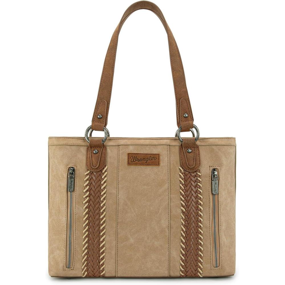 imageWrangler Distressed Tote Bag for Women Western Braided Purse Multi Pockets Handbags and Shoulder BagRterotan